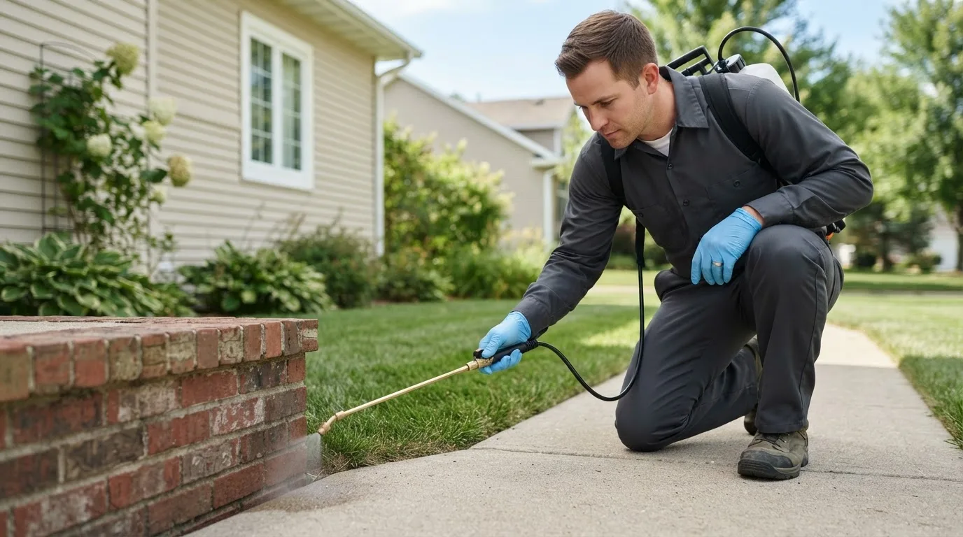 Pest control technician treating a home near Wyandotte, MI